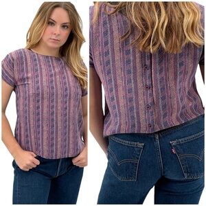 Vintage 90s Silk Blouse Boxy Short Sleeve Top 100% Silk Abstract Print | Small